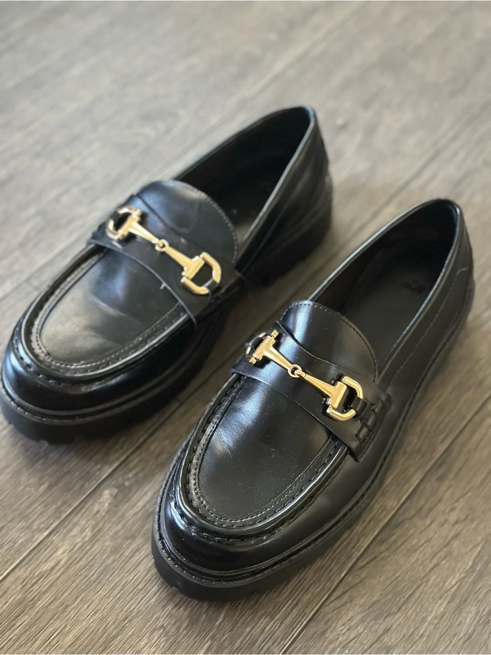 H&M Black Leather Loafers with Gold Bit
